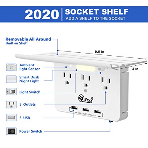 Socket Outlet Shelf -ON2NO Wall Outlet Extender with All Around Built-in Shelf, Multi Plug Outlet Surge Protector with Smart Night Light, 3 USB Charging Ports, 3AC Power Outlet Splitter - Thumbnail 3