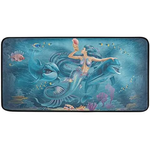MOYYO Kitchen Mat Beautiful Mermaid Blue Dolphins Kitchen Rug Mat Anti-Fatigue Comfort Floor Mat Non Slip Oil Stain Resistant Easy to Clean Kitchen Rug Bath Rug Carpet for Indoor Outdoor Doormat Cover