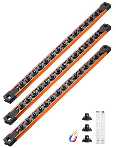 Image of ALOANES Magnetic Socket Organizer Set, 3-Piece Heavy Duty Aluminum Socket Rails, 360 Swivel Clips Socket Rail Kit for Tool Tray Drawer Fit 1 /4-Inch x 42 Clips (Orange, 3PC)