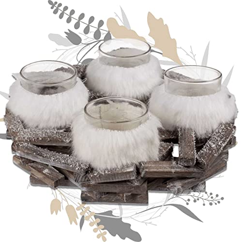 Holz-Adventskranz mit 4 Glas-Teelichthaltern mit Felldekoration und...