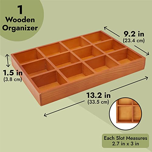 Image of Juvale Wooden Drawer Organizer - 13.2 x 9.2 x 1.5 in, Cedar Finish, 12 Compartments Sorting Tray - Wooden Tray with Compartments for Crafts & Stationery