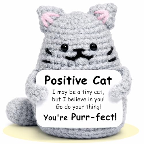 PICKLE BUDDIES Positive Purrfectly Cat - Emotional Support Crochet Positive Dolls Handmade Desk Decor Positive Crochet Animals Gifts Emotional Support Plush for Anxiety & Stress Relief