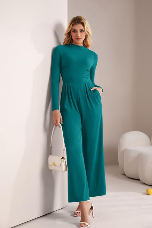 Mono Mujer Manga Larga Cuello en Tortuga Jumpsuit Elegante Pantalones de Pierna Ancha con Bolsillos Informal Monos de Una Pieza con Cremallera Moda Enterizo Otoño de Ceremonia Cóctel Salir