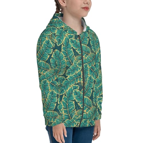 Gold and Green Tropic Leaves Kid Hoodies Boys Zip Up Sweatshirts Girls Pullover with Pocket4