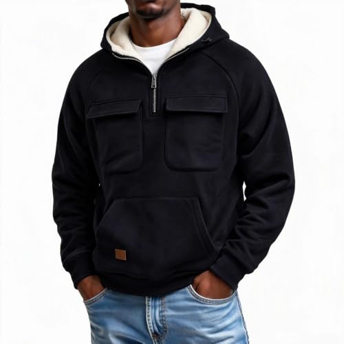 Fleece Hoodie Men Faux Suede Fleece Lined Quarter Zip Hoodies with Pockets - image 3