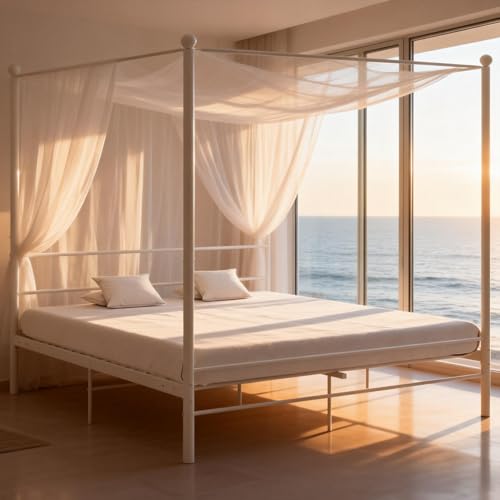 Woonisher Lit à baldaquin en métal Blanc 180x200 cm, Design élégant avec Cadre supérieur, lit Simple en métal pour Une Ambiance Romantique dans la Chambre.