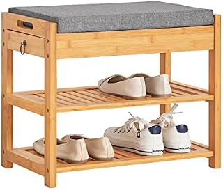 SoBuy® FSR49-N, Bamboo Shoe Rack Shoe Bench with Lift Up Bench Top and Seat Cushion, Hallway Shoe Storage Bench Organizer with Drawer