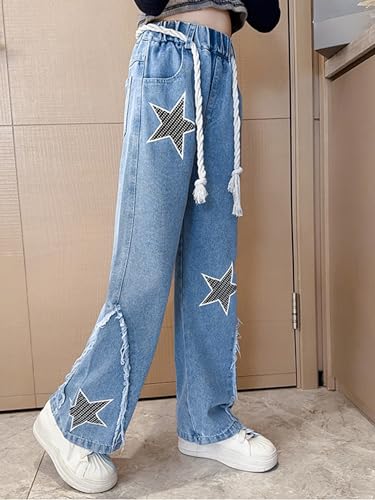 ACSUSS Kids Girls Jeans Stars Shape Denim Pants Elastic Waist Wide Leg Jeans Summer Casual Jeans4