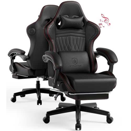 Image of GTPLAYER ACE-PRO Music Gaming Chairs - Built-in Speakers, App Support & Bluetooth Control, Computer Game Chairs with Footrest for Adults, Ergonomic, Reclining, Linkage Armrest, BK‑RD Stitch
