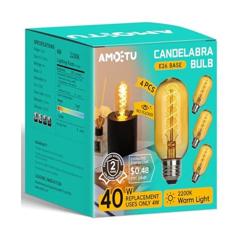 AMDTU Vintage LED Edison Bulb Super Thin Spiral Filament Non-dimmable, 25 Watt Tubular Incandescent Light Bulb Replacement Soft Warm 2200K, T45 Amber Glass Retro LED Bulb 4W, E26 Base 120V 4 Pack Cover