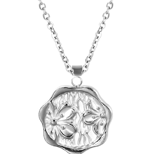 Jude Jewelers Stainless Steel Round Shaped Hammered Flower Style Wedding Statement Pendant Necklace (Silver)