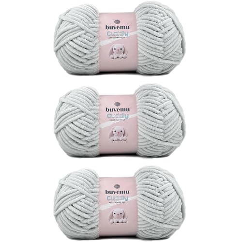 Image of Cuddly Velvet Chenille Yarn, Super Soft Fluffy Bulky for Knitting Crocheting Blanket Amigurumi, Durable for Shedding, 100 Gram (3.53 Ounces) 109 Yards (100 Meters) (Light Gray) (3 Skeins)