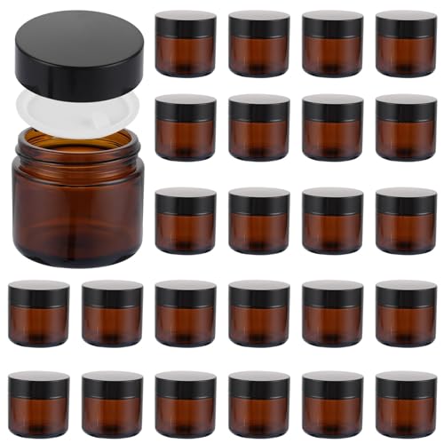 FWEEK Lot de 25 pots en verre ambré - 60 ml - Pot à pommade à remplir - Avec couvercles noirs et couvercles intérieurs - Pour cosmétiques, lotions,...