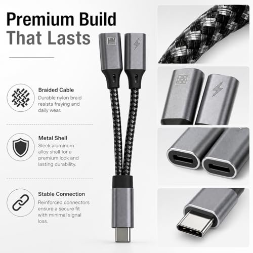 Image of 2-in-1 USB-C Splitter, Dual Type-C Female Port Adapter with Braided Cable and Aluminum Shell, Supports Simultaneous Charging and USB-C Earphone Use for Phone, Tablet, Laptop, Plug and Play