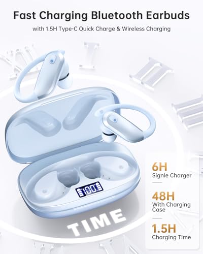 Image of NDO Wireless Bluetooth Earbuds Earhook Sport Headphones with 48H Playtime, ENC Mic IPX7 Waterproof Fast Charging,Lightweight Design for Active Lifestyle,Gift for Teens or Fitness Lovers-Sky Blue