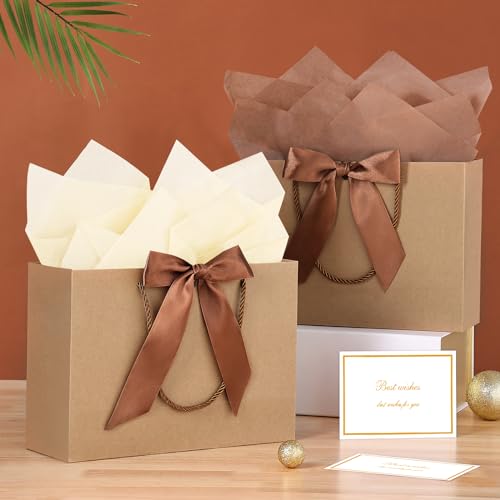 Image of JMANNI Gift Bags with Handles, 11 inch Small Gift Bag for Presents, 2 Pcs Bags with 4 Tissue Paper and 2 Cards for Baby Shower Wedding Bridal Shower Mother's Day Birthday Party (Kraft)