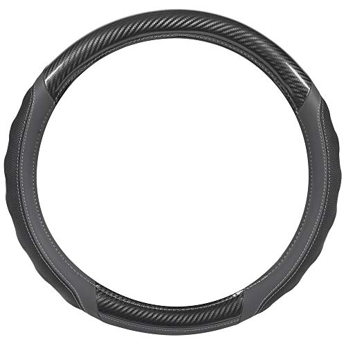 Image of Motor Trend UltraSport Gray Carbon Fiber Steering Wheel Cover, Standard 15 inch Size, Black Faux Leather Comfort Grip, Car Steering Wheel Cover for Auto Truck Van SUV