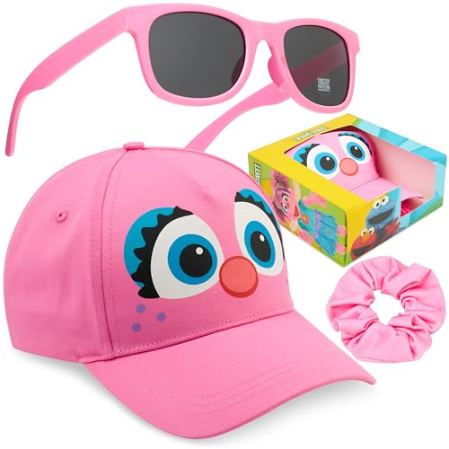 Sesame Street Girls Baseball Cap Sunglasses & Scrunchies Set Adjustable Sun Hat 100% UV Shades Travel Holiday Essentials (Pink Sesame Street)