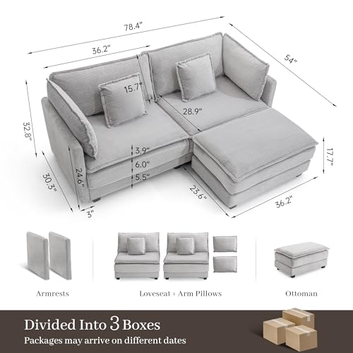 Image of 78.4 inch Corduroy Loveseat Sectional, Small L Shaped Sofa Couch with Ottoman for Apartment, Office, or Bedroom, Lightgrey