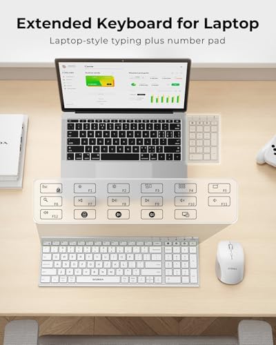 Image of seenda COE401 Bluetooth Keyboard Mouse Combo, Rechargeable, White Silver | Silent rechargeable keyboard and mouse with 3-device connection for Windows, Mac, iPad, and laptops.