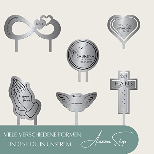 CHRISCK design Herz Grabstecker Grabschmuck aus Edelstahl mit Namen oder Spruch - Wir vermissen Dich Grabschmuck wetterfest Urnengrab - persönliche Grabdeko individuell gestalten (Personalisierbar)