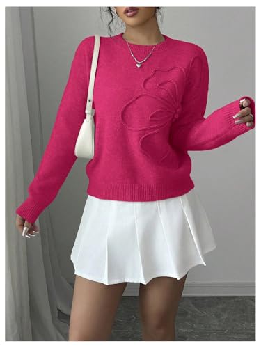 Image of RoseSeek Women's 3D Floral Appliques Crewneck Sweaters Long Sleeve Drop Shoulder Pullovers Elegant Knit Tops