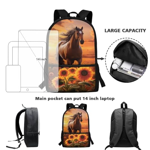Kids Horse Backpacks for Girls with Lunch Box Ages 6-8 Animal Backpack and Lunch Bag and Water Bottle Holder Pencil Case Primary School Student Bookbag/Lunchbox Set, 4 Piece, Sunflower4
