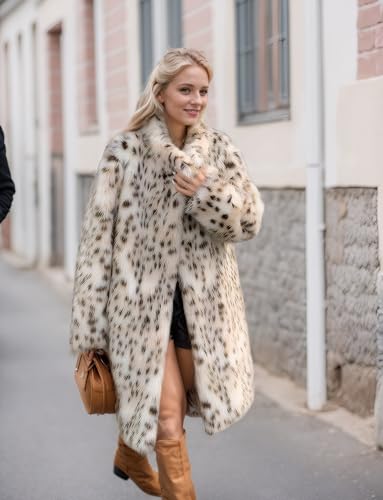 DJBM Women Faux fur Leopard Lapel Maxi Coat Cardigan Sexy Elegant Garment Pocketed with Belt for Winter Outdoor3