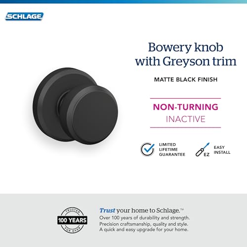 Image of Schlage F170 BWE 622 GSN Bowery Door Knob with Greyson Trim, One Sided Non-Turning Dummy Door Handle, Matte Black