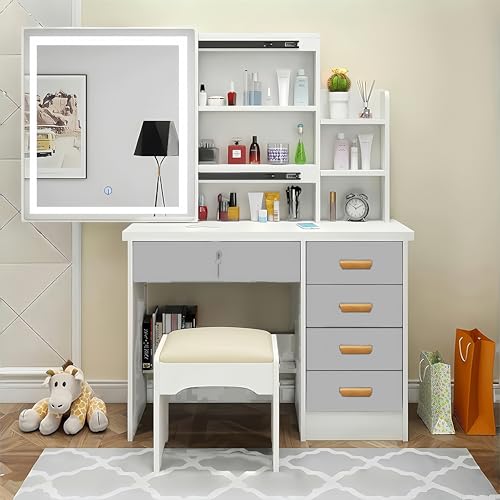 Recamara, Home Improvement Tocador Vanity,Tocador de Maquillaje con 5 Cajones,Estantes Ocultos, Incluye Taburete Acolchado,Vanity Tocador De Maquillador Espejo con Pantalla táctil...