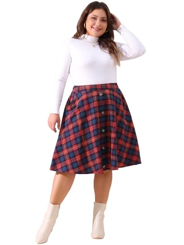 Agnes Orinda Plus Size Vintage Skirt for Women Plaid Elastic High Waist Button Front A-Line Skirt with Pockets3