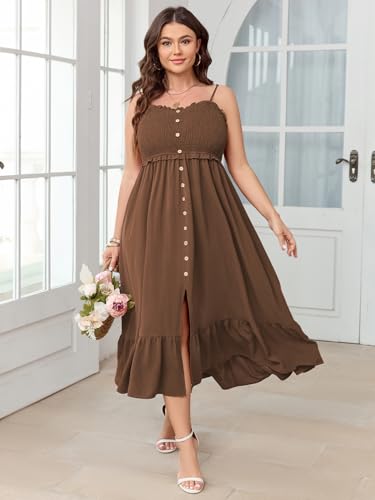 SCOMCHIC Womens Plus Size Summer Dresses Sleeveless Spaghetti Strap Button Down Smocked Beach Long Maxi Dress with Slit2