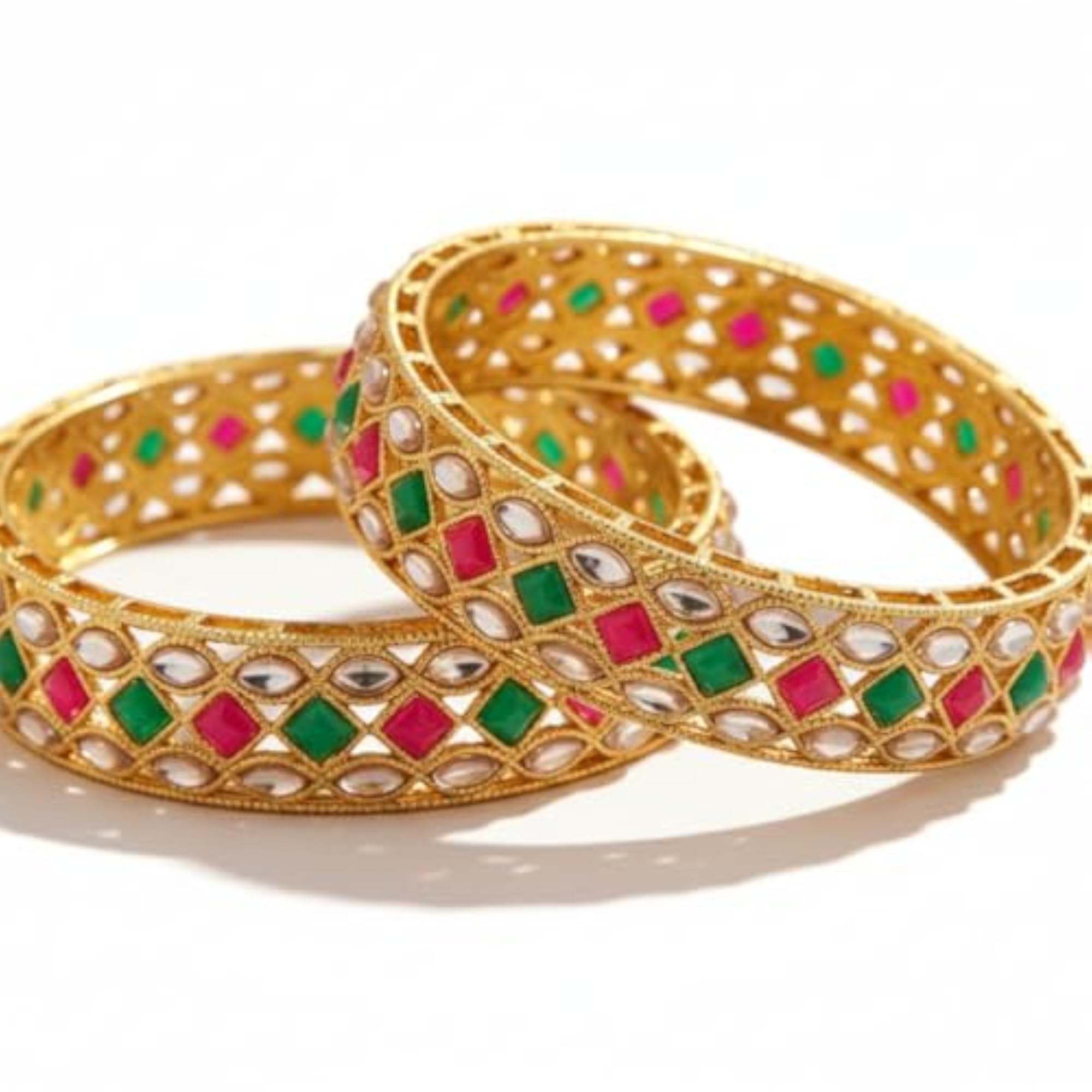 Set of 2 Plated Stone Studded Bangles, Ethnic Style