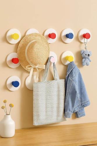 Image of 2 PCS Cup Hooks Adhesive Wall No Damage Extra Sticky Storage Hooks Holds Heavy Duty for Towel Shower Coat & Bathroom DoorWardrobe Door Hanger (Multicolor)
