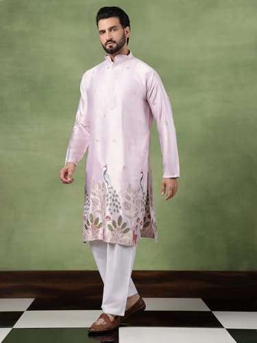 Image of SOJANYA (Since 1958 Men's Cotton Silk Flora & Fauna Embroidered Long Kurta