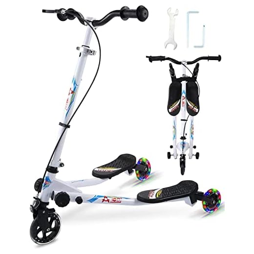 SANSIRP 3 Wheels Swing Wiggle Scooters for Kids Foldable Drift Scooter with Adjustable Handle and Illuminated LED Wheels for Boys/Girls Ages 3-8(White)