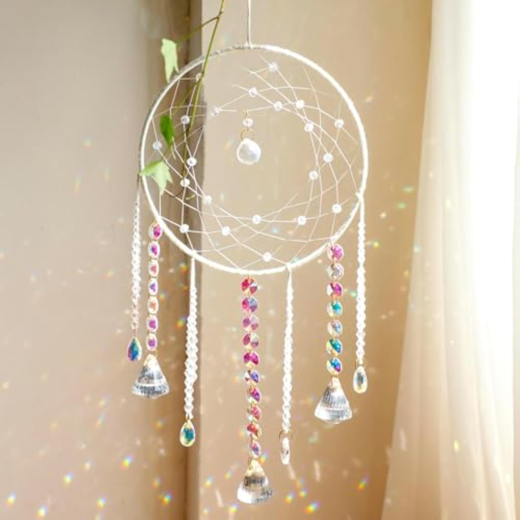 Crystal Dream Catcher Wall Hanging, White Boho Decor