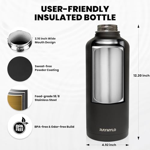 Image of RAYMYLO Insulated Water Bottle 87 oz, Triple Wall Vacuum Stainless Steel (Cold for 48 Hrs), Leak Proof & Non-BPA, Modern Water Flask Jug with Paracord Handle & Straw Spout Lids, Magic Black