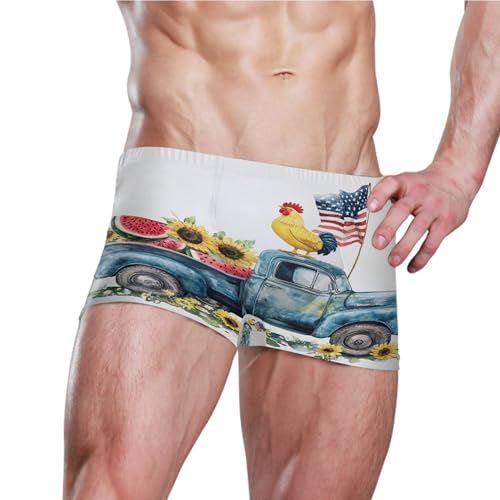 July 4th Independence Day American Flag Truck Mens Swim Trunk Swimwear Swim Brief Square Leg Board Short S S04074373