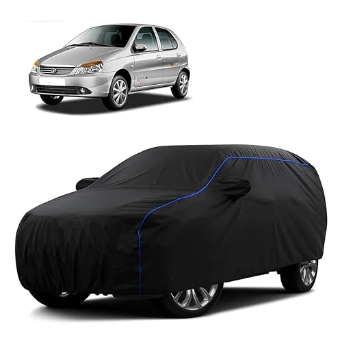 Image of Sulfar 100% Water Resistant Car Body Cover Compatible with Mirror for Tata Indica V2 (Triple Stitched, Full Bottom Elastic, Black Tafetta with Blue Piping)