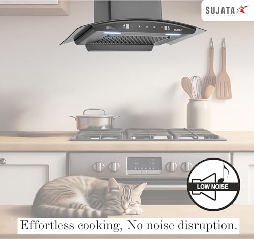 Image of Sujata Chimney For Kitchen 60cm | 12 Yrs Warranty on Motor & 5 Yrs on Whole Product | 130 W Motor, 1350 m /hr, Kitchen Chimney For Home, Filter Less Auto Clean With 3 Speed Motion Sensor (Pearl Black)