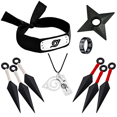 Niumowang Karikatur Zubehör Set, Konoha Headband, Karikatur Haarband, Kunai Messer Stirnband Halskette Ring, Geeignet für Cosplay, Geeignet für Jungen und Mädchen (A)