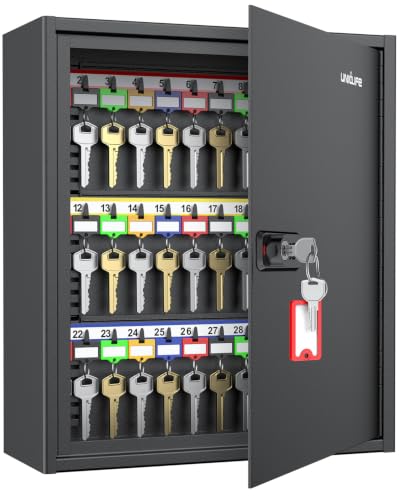 Uniclife 60 Position Key Cabinet Steel Security Storage Box with Combination & Key Lock, Resettable, Digital, Adjustable Racks, Colorful Labels & Hooks