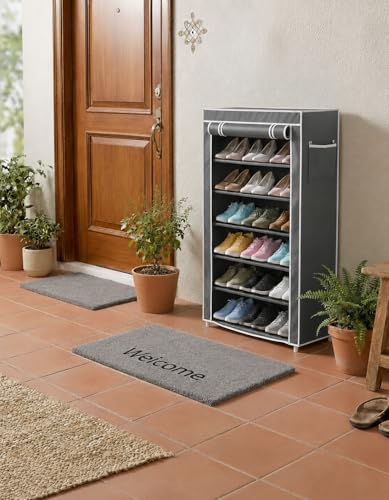 Image of Easy Buy 6 Layer Foldable Shoe Rack Organizer Grey Shoe Plastic Rack 6 Shelves Zip Door With Cover & Side Pocket |Dustproof Storage Organizer for Footwear Multi-Pair Shoe Stand with Side Pocket (Grey)