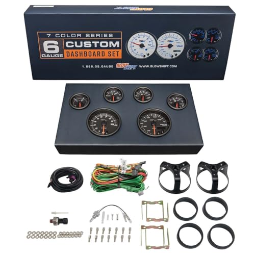 GlowShift Black 7 Color 6 Gauge Custom Dashboard Cluster Set - 3-3/8" (85mm) Speedometer & Tachometer - 2-1/16" (52mm) Fuel Level, Oil Pressure, Water Temp & Volt Gauges - Includes Sensors & Wiring