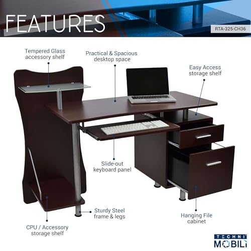 [Prime] 51" Techni Mobili Computer Desk w/ File Cabinet & Printer Shelf (Brown) - image 4