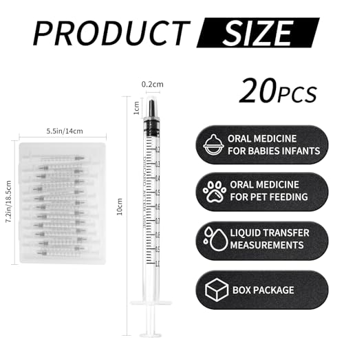 20 Pack 1ml Syringe for Liquid, 1cc Plastic Small Syringes for Scientific Labs, Measuring Liquids, Feeding Pets, Medical Student, Oil or Glue Applicator, Non-Sterile, No Needle