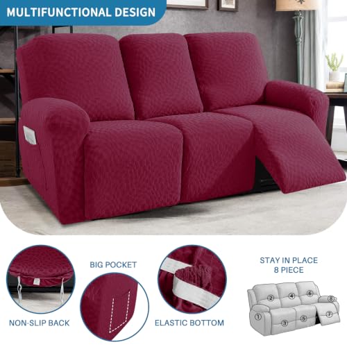Image of 2026 Sofa Recliner Cover 8-Piece (69 inch-91 inch) Super Soft Recliner Couch Covers with Big Pocket & Anti Slip Ties Stay in Place, Stretch Lazy Boy Reclining Couch Sofa Slipcover Durable Washable, Wine Red