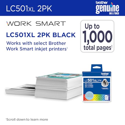 Image of Brother Genuine LC501XL2PK Twin Pack High Yield Black Ink Cartridges (for use with Work Smart 1260, 1360, and 1410 Printers)
