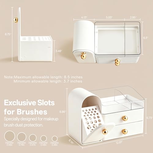 Image of HBlife Makeup Organizer Countertop with Drawers, Vanity Organizers with Brush Holder, Bathroom Counter Organizer for Perfume, Nail Polishes, Lipsticks, Skincare and Eyeshadow Palettes, White and Gold